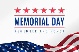 Image with white background and American flag, it says Memorial Day in blue and Remember and Honor below it in black.