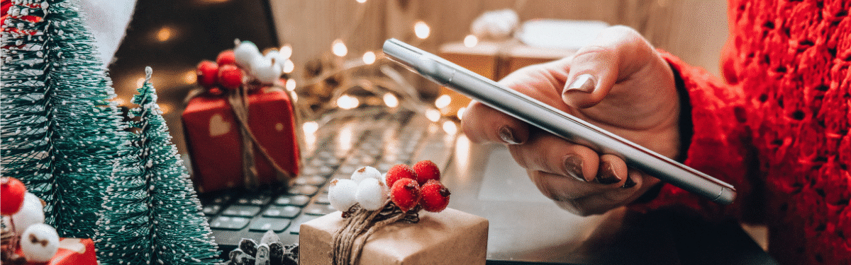 Holiday graphic showcasing online shopping.